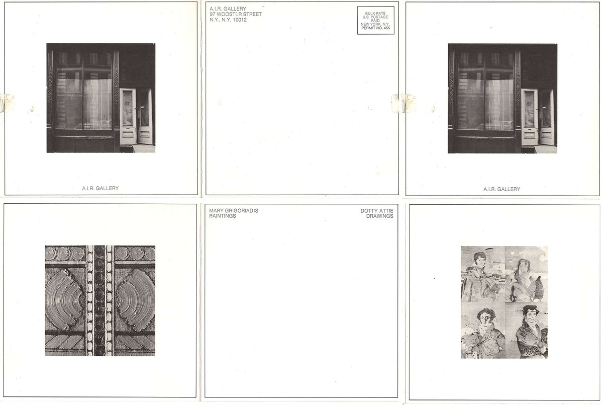 Postcard with six panels featuring black and white versions of work by Dotty Attie and Mary Grigoridadis