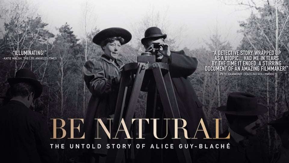 Black and White photographs with a woman, Alice Guy-Blache, and a man taking a picture.