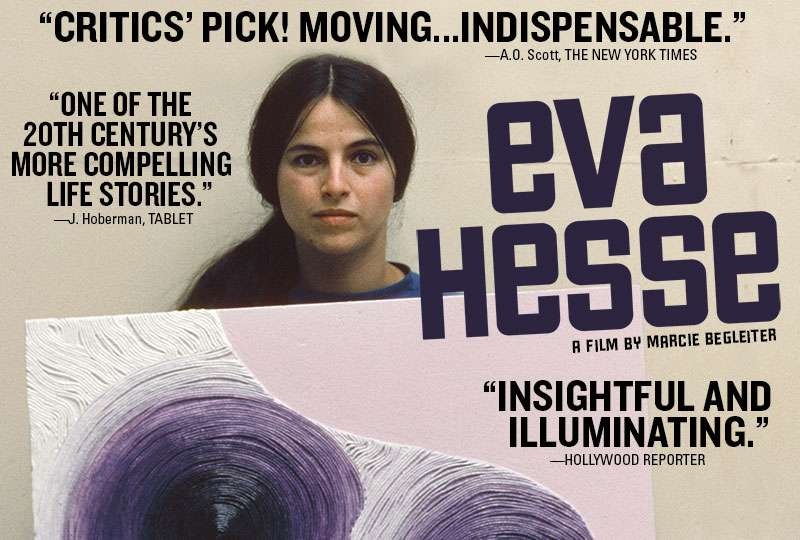 Color photograph. Poster from a movie with  Eva Hesse on it, holding her art piece.
