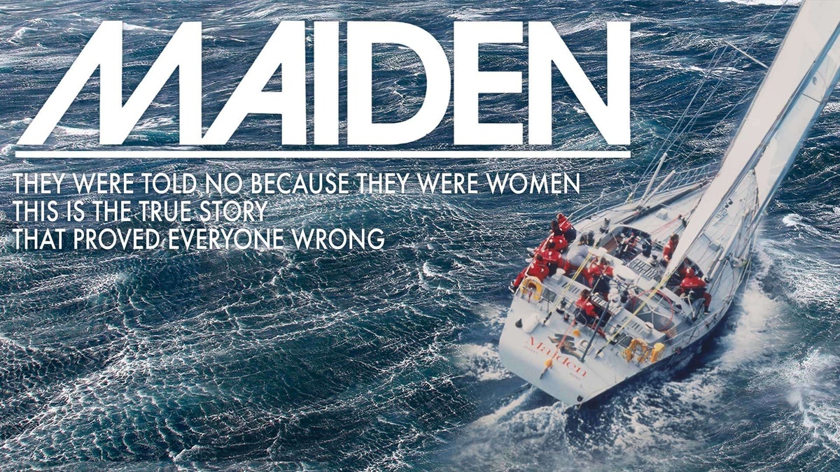 Color photograph of a yacht on the sea with a large movie title "Maiden"