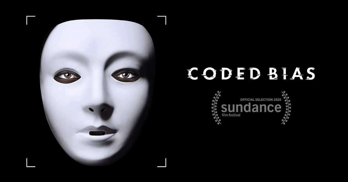 Color photograph. Movie poster showing White face mask and title Coded Bias with Sundance Film Festival official selection in 2020