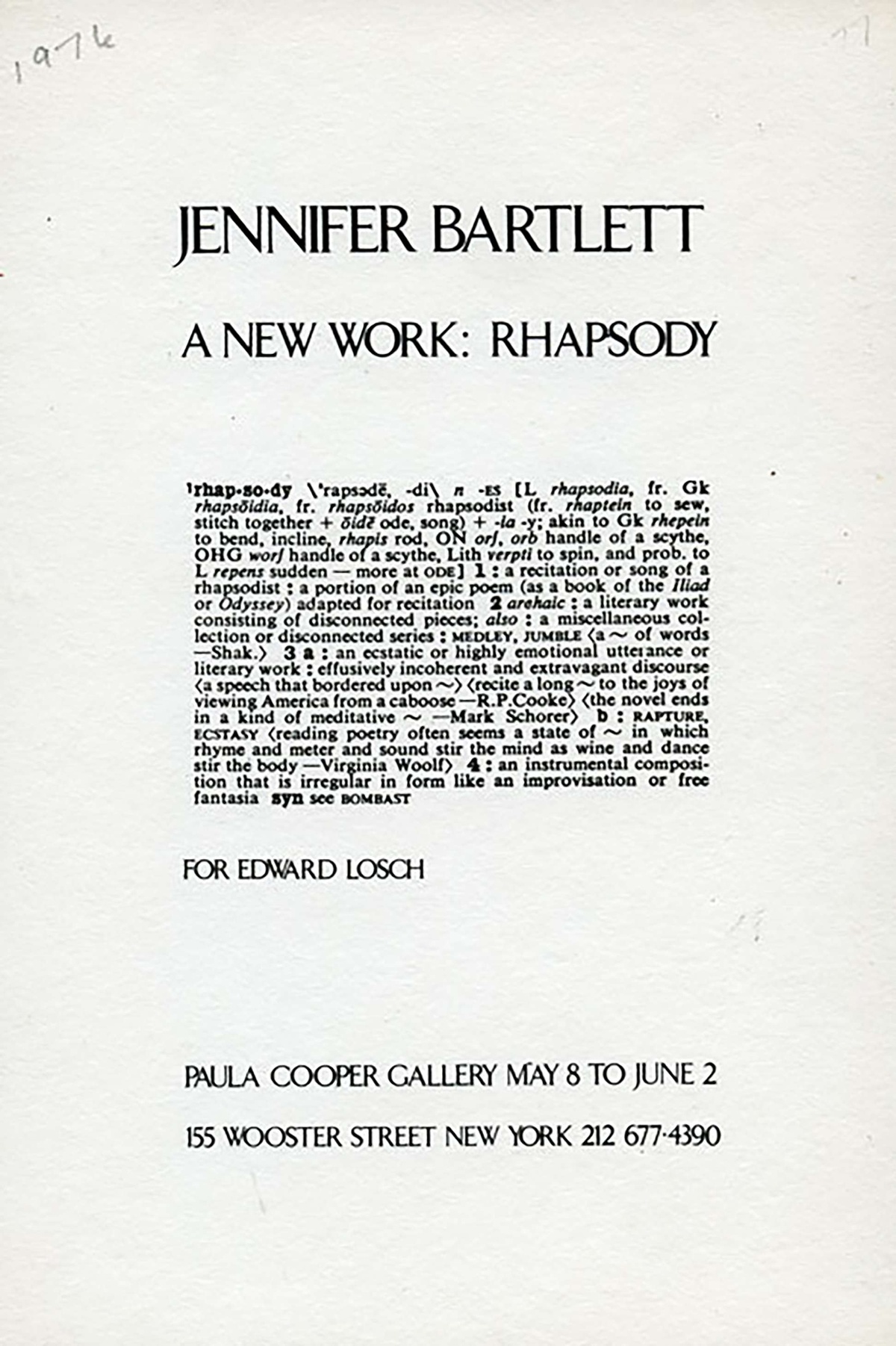 Black and white invitation to Jennifer Bartlett's exhibition "A New Work: Rhapsody" at Paula Cooper Gallery.