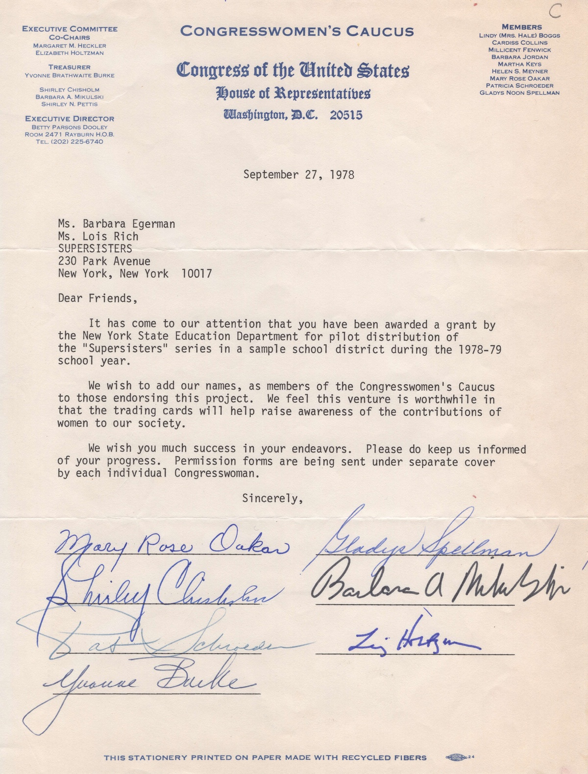 Letter from Congress Women's Caucus supporting supersisters. The paper is an off white, the headings are blue and the body text is black. There are 6 signatures from Congresswomen. 