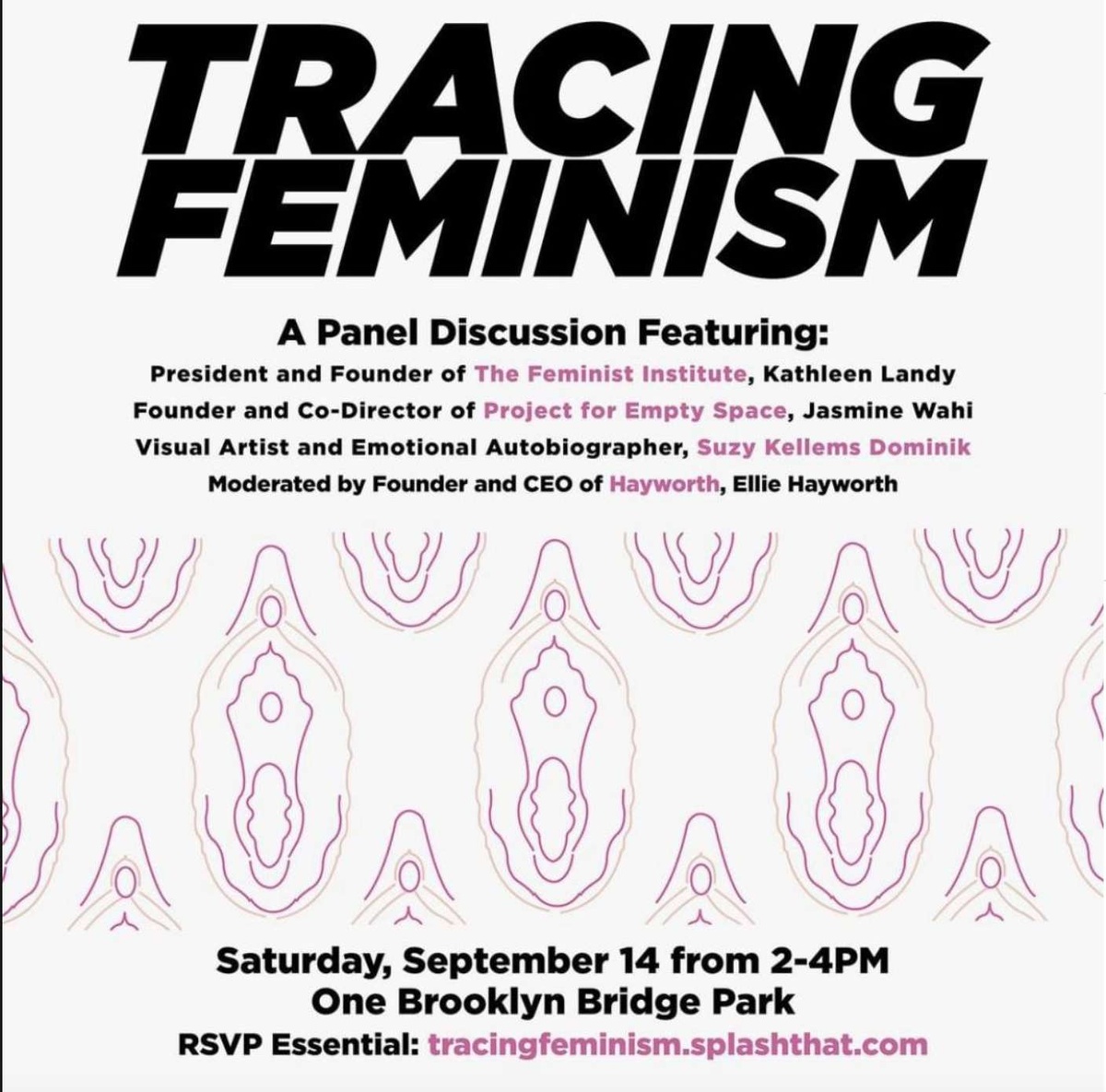 Color poster of a panel discussion. Pink outline of female genitals design. Title: "I can feel". Names: Kathleen Landy, Jasmine Wahi, Suzy Kellems Dominik, Ellie Hayworth