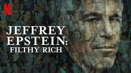 Color photograph. Movie poster showing Jeffrey Epstein's transparent face with a back image of many women faces, his victims.