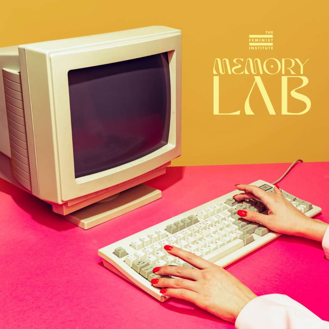 gold background with hot pink desk with 90s era computer with woman's hands resting on keyboard